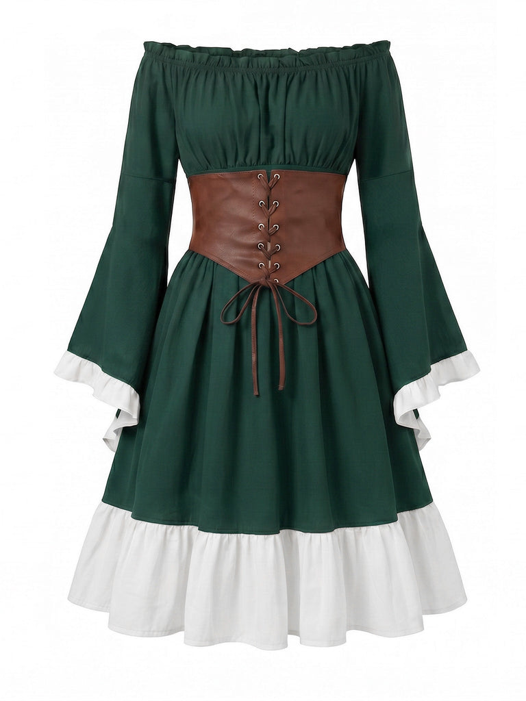 Abito Verde Scuro Anni '70 Spalle Scoperte Maniche a Campana con Allacciatura Corsetto Cintura 2