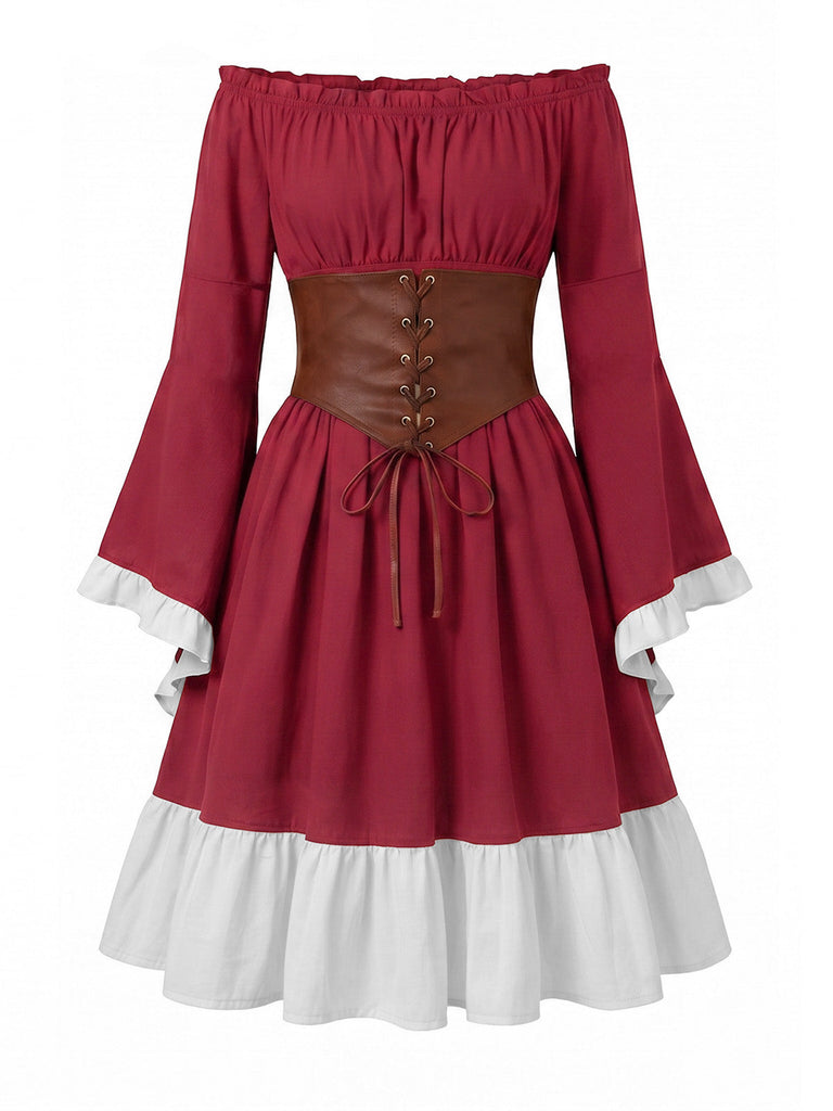 Abito Verde Scuro Anni '70 Spalle Scoperte Maniche a Campana con Allacciatura Corsetto Cintura 4