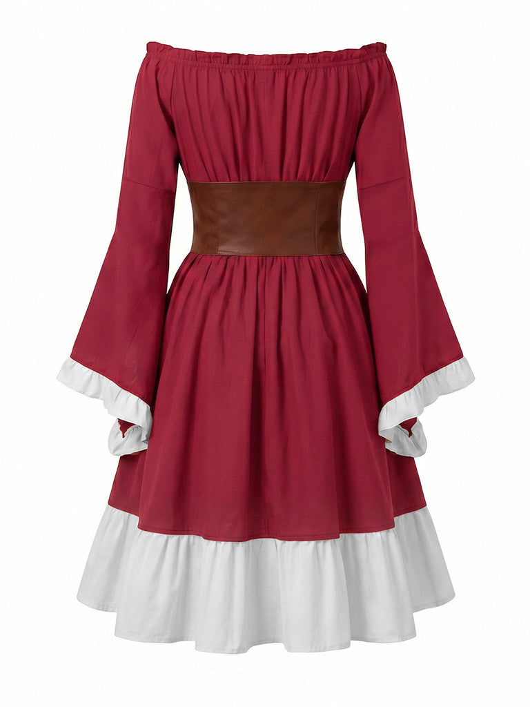 Abito Verde Scuro Anni '70 Spalle Scoperte Maniche a Campana con Allacciatura Corsetto Cintura 5
