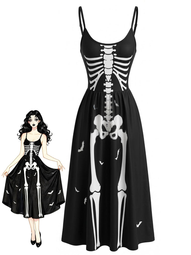 Abito sottoveste anni '30 nero di Halloween con scheletro
