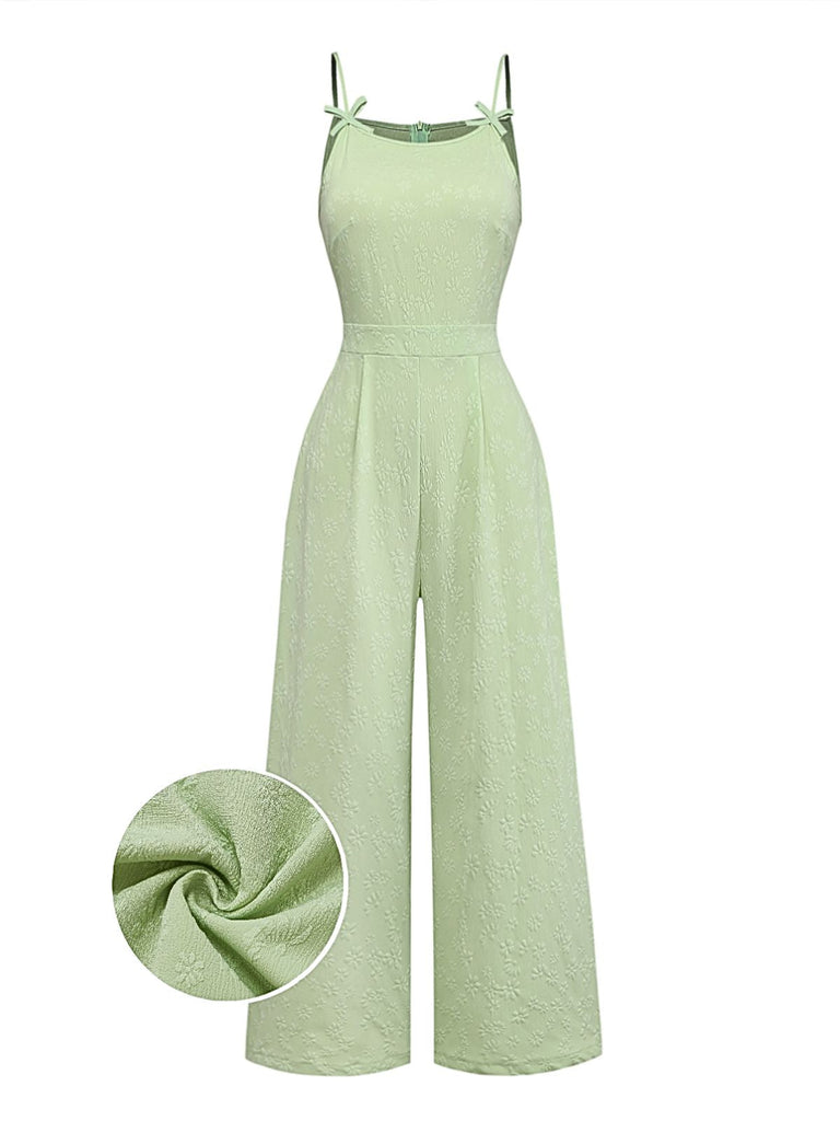 Tuta Lunga Verde Anni '50 Jacquard con Fiocco Spalline Sottili e Gamba Larga