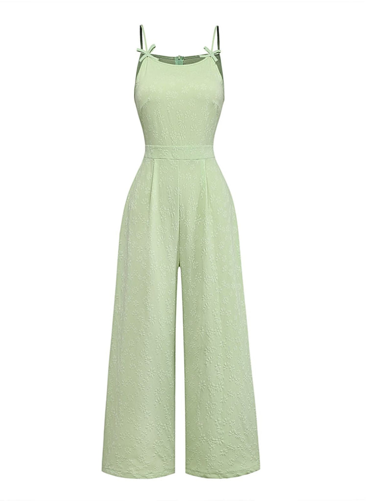 Tuta Lunga Verde Anni '50 Jacquard con Fiocco Spalline Sottili e Gamba Larga 2