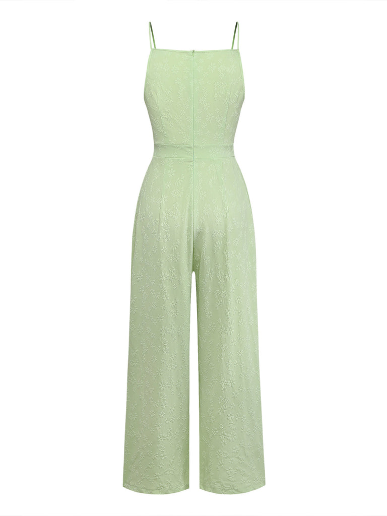 Tuta Lunga Verde Anni '50 Jacquard con Fiocco Spalline Sottili e Gamba Larga 3