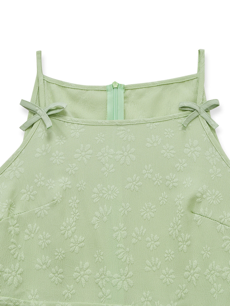 Tuta Lunga Verde Anni '50 Jacquard con Fiocco Spalline Sottili e Gamba Larga 4
