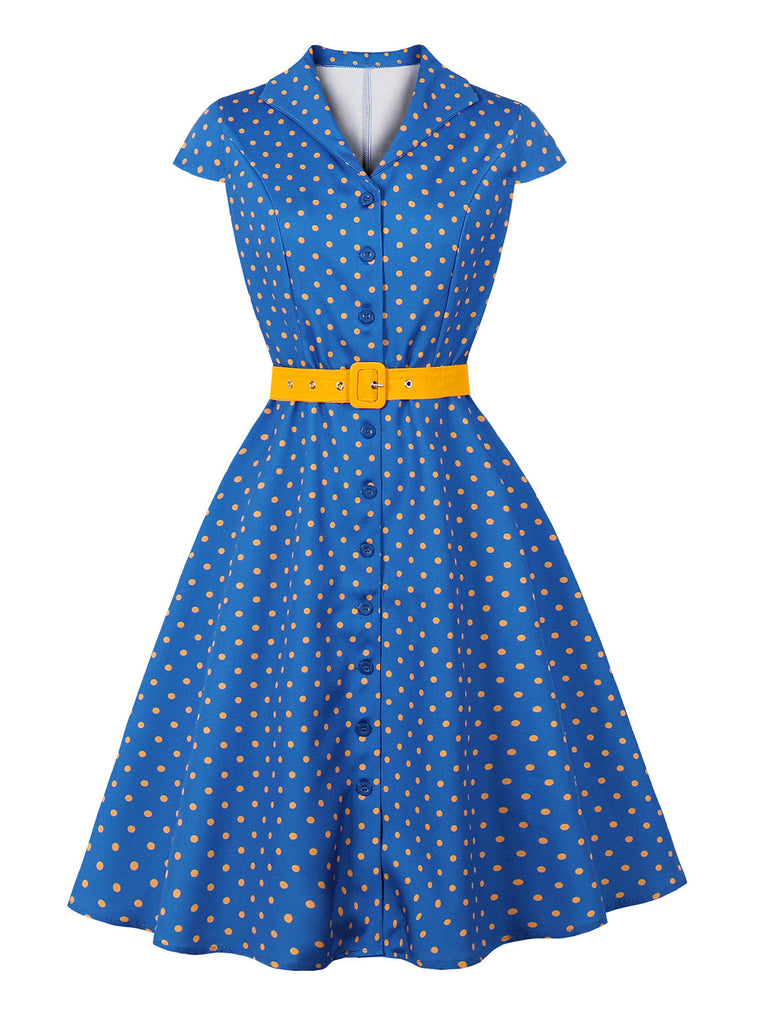 Abito Blu Anni '50 a Pois Cap Manica con Revers con Cintura