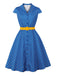 Abito Blu Anni '50 a Pois Cap Manica con Revers con Cintura