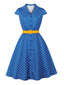 Abito Blu Anni '50 a Pois con Mniche ad Alettacon e Revers