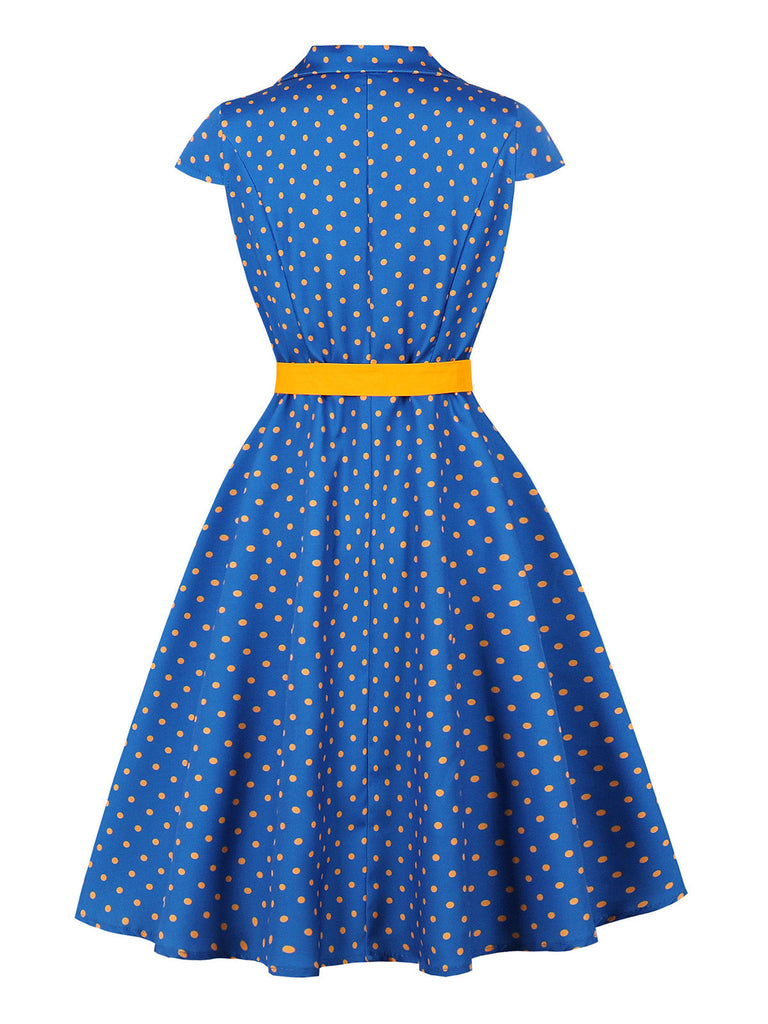 Abito Blu Anni '50 a Pois Cap Manica con Revers con Cintura 2