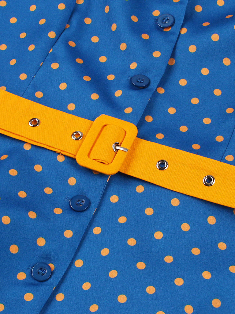 Abito Blu Anni '50 a Pois Cap Manica con Revers con Cintura 3