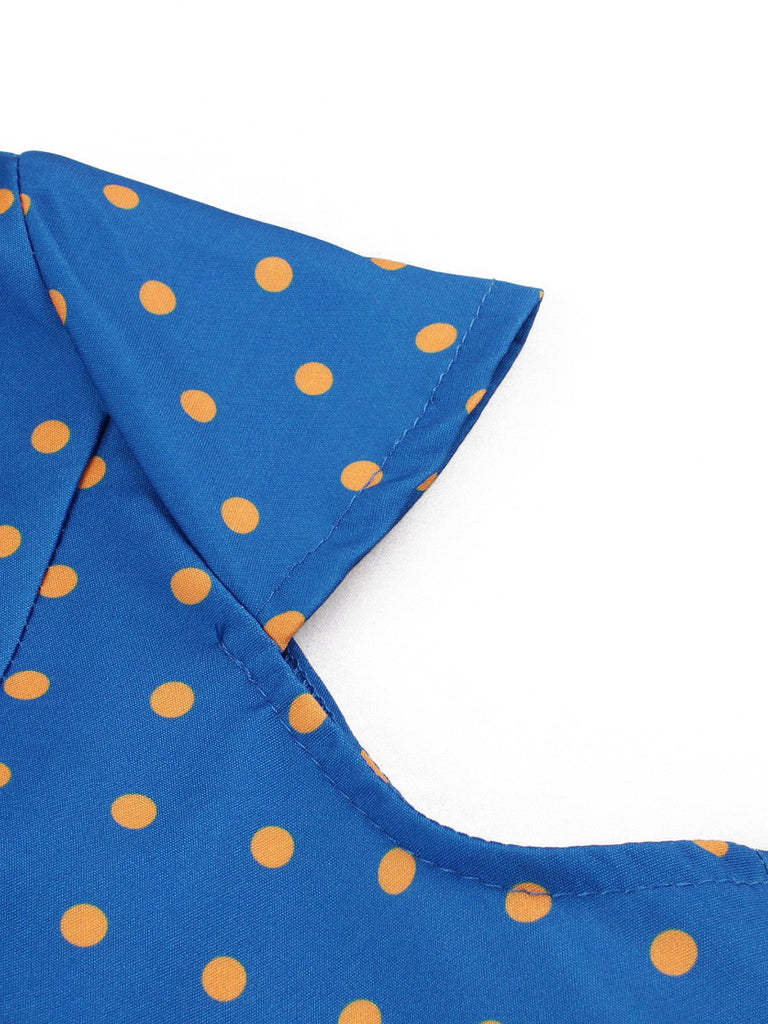 Abito Blu Anni '50 a Pois Cap Manica con Revers con Cintura 5