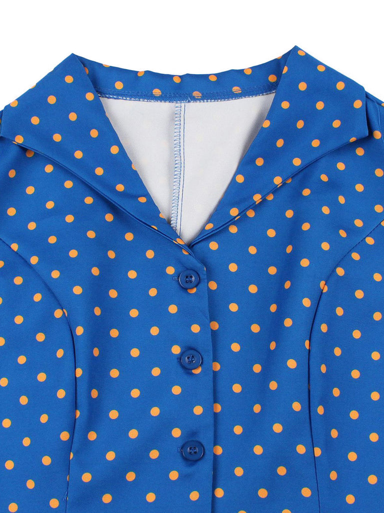 Abito Blu Anni '50 a Pois Cap Manica con Revers con Cintura 6
