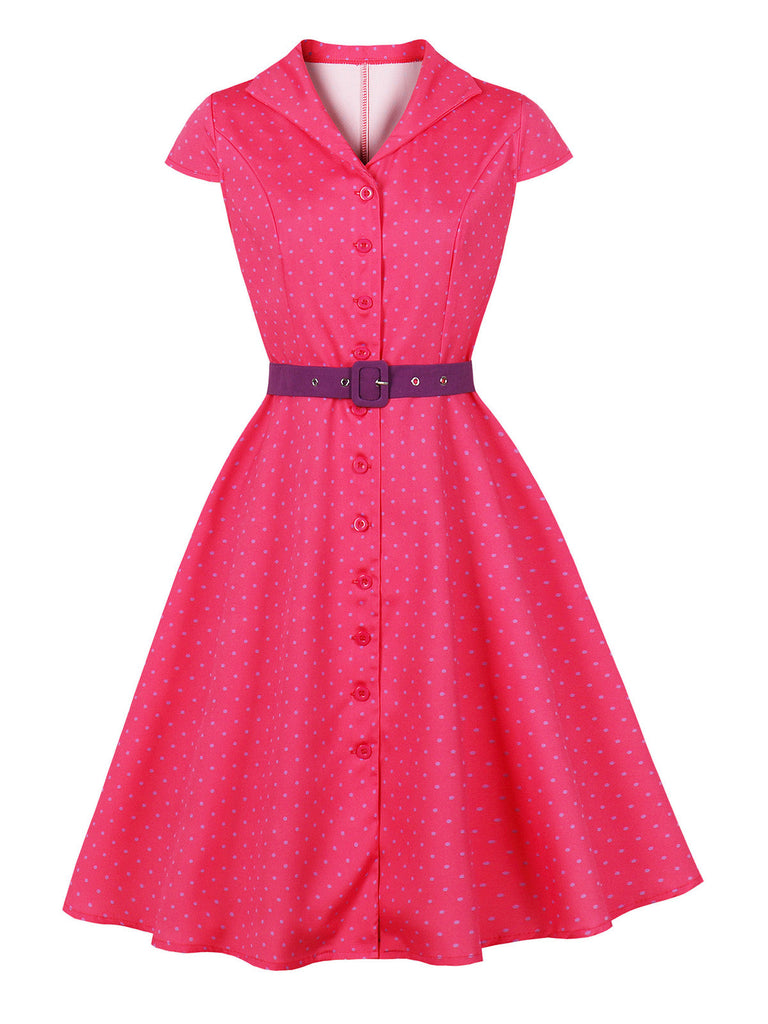 Abito Blu Anni '50 a Pois Cap Manica con Revers con Cintura 8