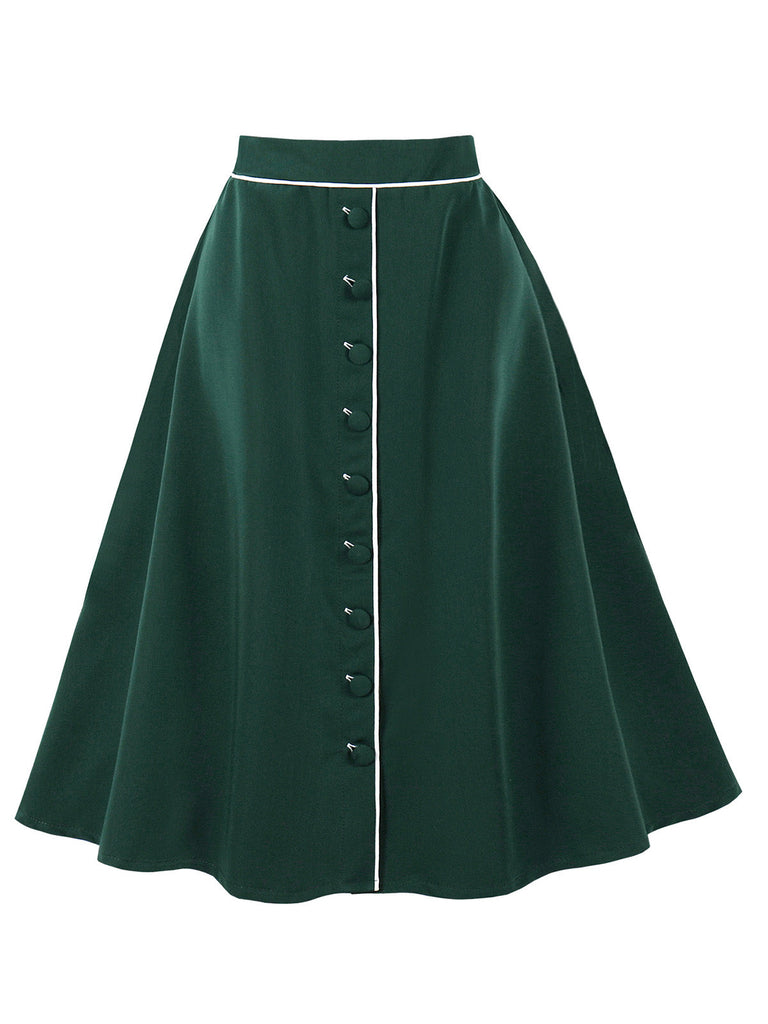 Gonna Verde Scuro Anni '50 Front con Bottoni Profili a Contrasto Swing