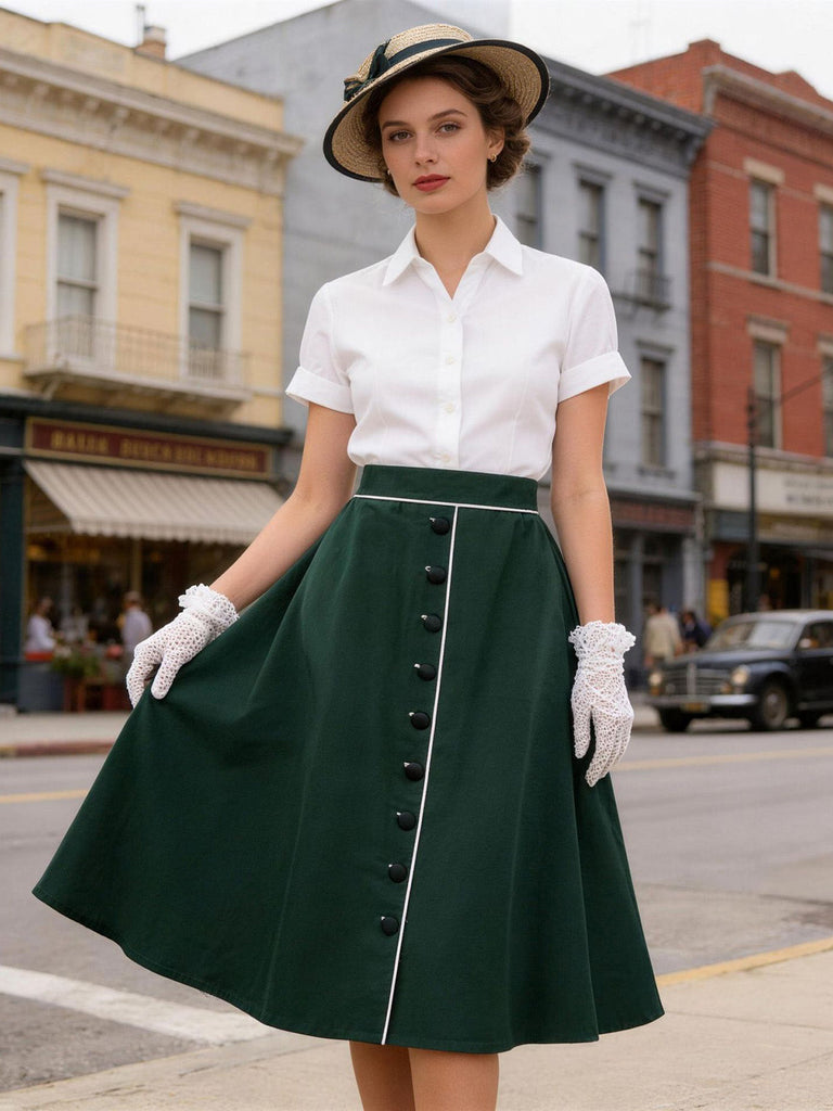 Gonna Verde Scuro Anni '50 Front con Bottoni Profili a Contrasto Swing 2