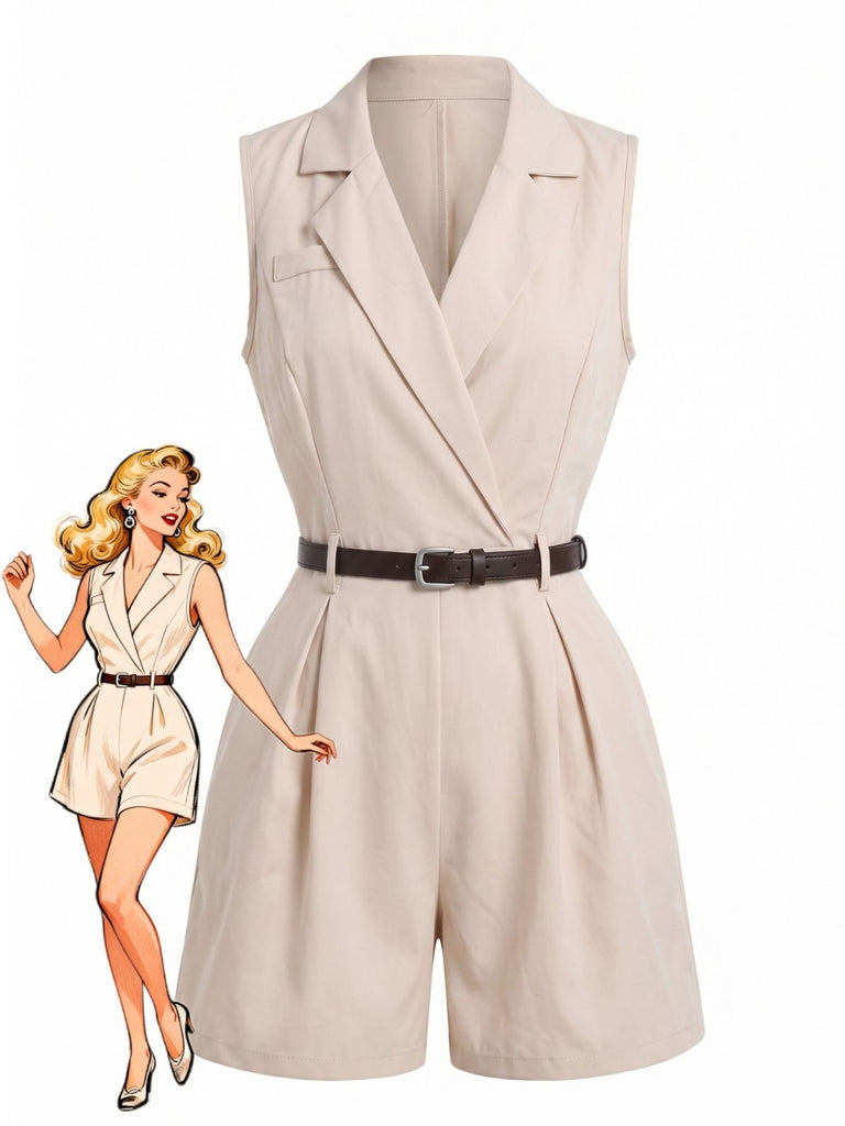 Tuta Corta Beige Anni '60 Revers Dentellato Senza Maniche con Cintura Blazer