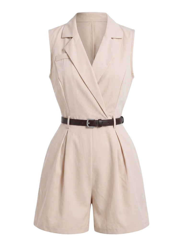 Tuta Corta Beige Anni '60 Revers Dentellato Senza Maniche con Cintura Blazer 2
