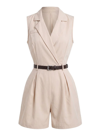 Tuta Corta Beige Anni '60 Revers Dentellato Senza Maniche con Cintura Blazer 2
