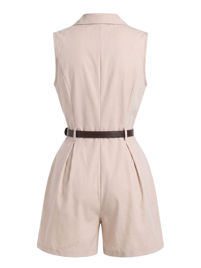Tuta Corta Beige Anni '60 Revers Dentellato Senza Maniche con Cintura Blazer 3
