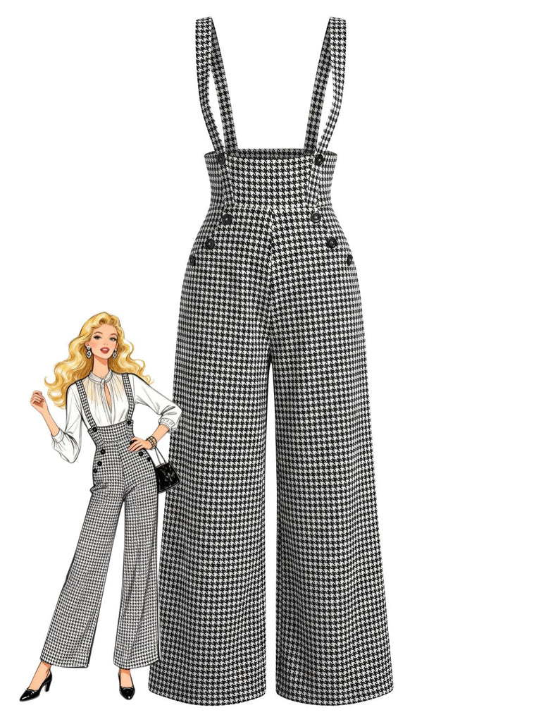 Pantaloni a Gamba Larga Nero Anni '60 Pied-de-poule Suspender
