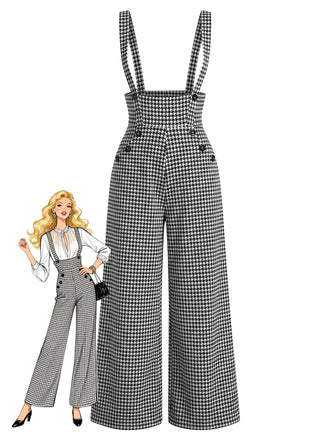 Pantaloni a Gamba Larga Nero Anni '60 Pied-de-poule Suspender