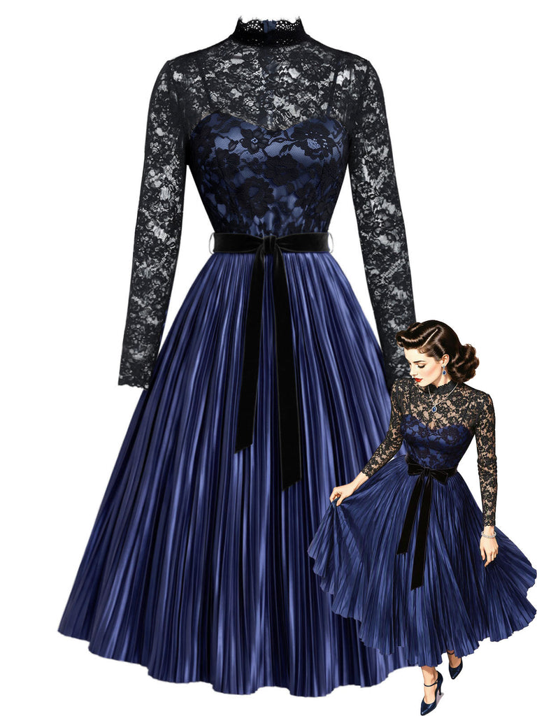 [Prevendita] Abito anni '50 blu royal con corpino in pizzo trasparente e gonna plissettata