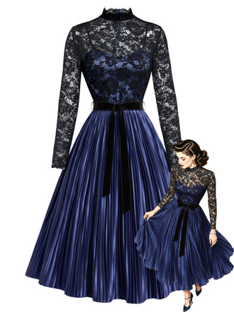 [Prevendita] Abito anni '50 blu royal con corpino in pizzo trasparente e gonna plissettata