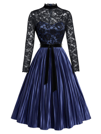 [Prevendita] Abito anni '50 blu royal con corpino in pizzo trasparente e gonna plissettata 2