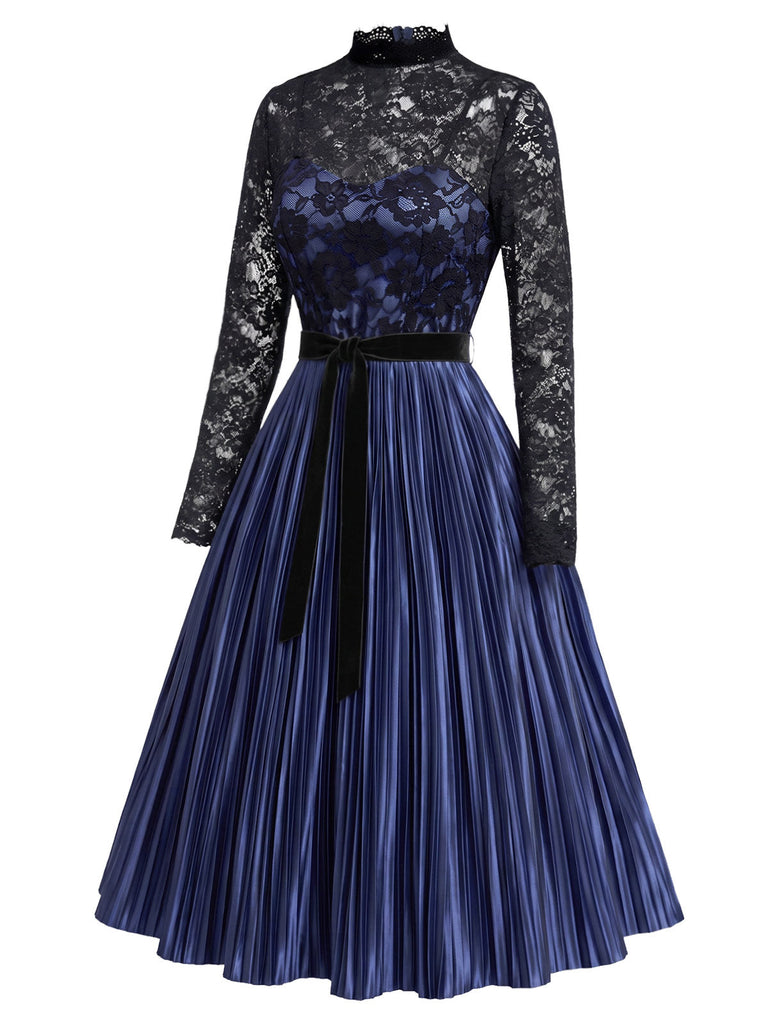 [Prevendita] Abito anni '50 blu royal con corpino in pizzo trasparente e gonna plissettata 3