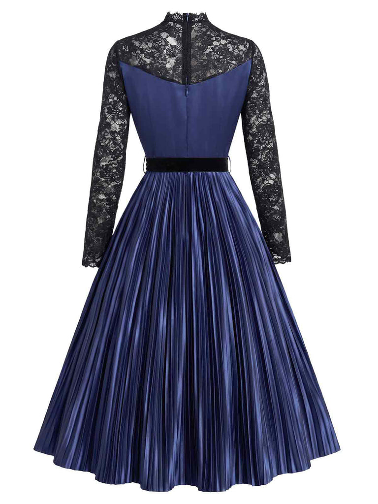 [Prevendita] Abito anni '50 blu royal con corpino in pizzo trasparente e gonna plissettata 4
