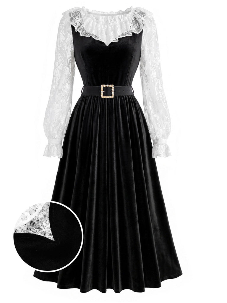 [Prevendita] 2PCS Abito Nero Anni '40 in Pizzo con Volant Top e in Velluto