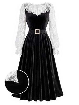 [Prevendita] 2PCS Abito Nero Anni '40 in Pizzo con Volant Top e in Velluto