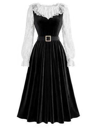 [Prevendita] 2PCS Abito Nero Anni '40 in Pizzo con Volant Top e in Velluto 2