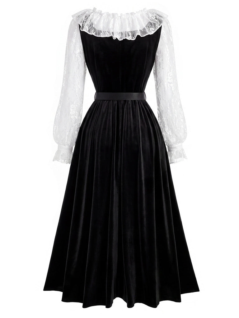 [Prevendita] 2PCS Abito Nero Anni '40 in Pizzo con Volant Top e in Velluto 4
