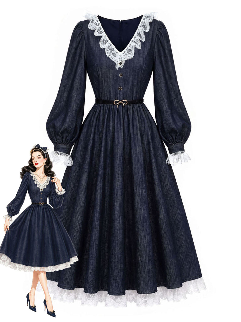 [Prevendita] Abito Blu Anni '40 in Pizzo Patchwork con Maniche a Lanterne
