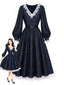 [Prevendita] Abito Blu Anni '40 in Pizzo Patchwork con Maniche a Lanterne