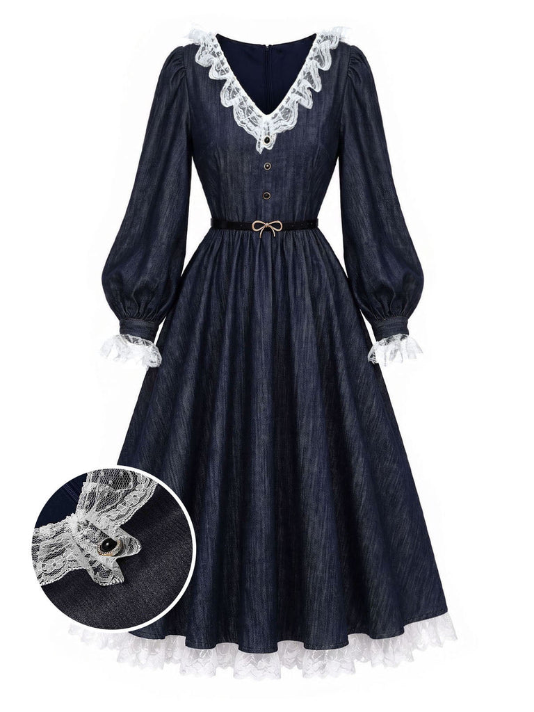 [Prevendita] Abito Blu Anni '40 in Pizzo Patchwork con Maniche a Lanterne 2