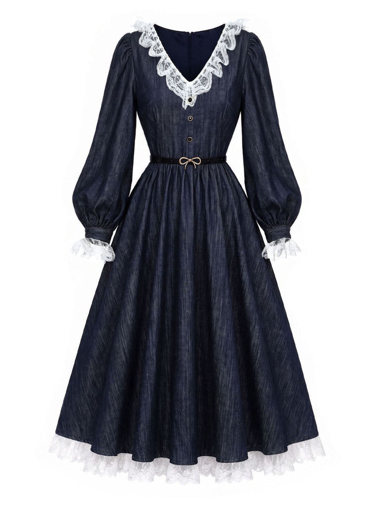[Prevendita] Abito Blu Anni '40 in Pizzo Patchwork con Maniche a Lanterne 3