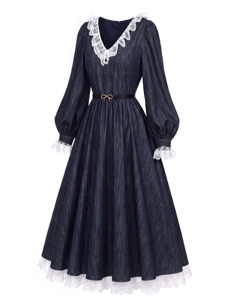 [Prevendita] Abito Blu Anni '40 in Pizzo Patchwork con Maniche a Lanterne 4
