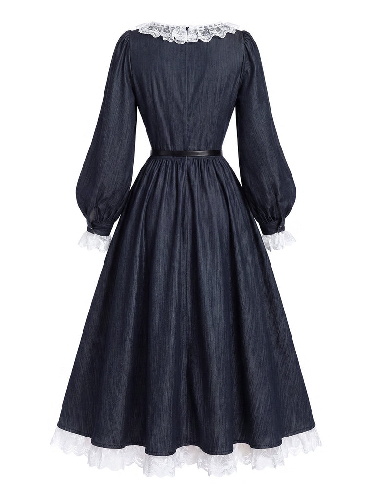 [Prevendita] Abito Blu Anni '40 in Pizzo Patchwork con Maniche a Lanterne 5