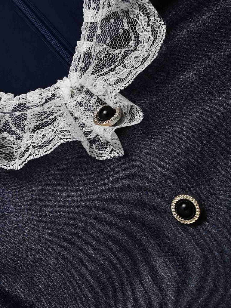 [Prevendita] Abito Blu Anni '40 in Pizzo Patchwork con Maniche a Lanterne 7