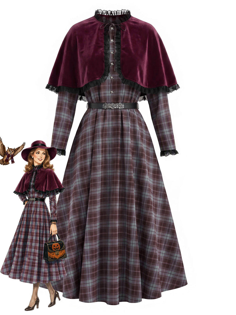 [Prevendita] Abito Grigio Chiaro Anni '40 a Quadri con Bordo Cintura e Mantella Rossa