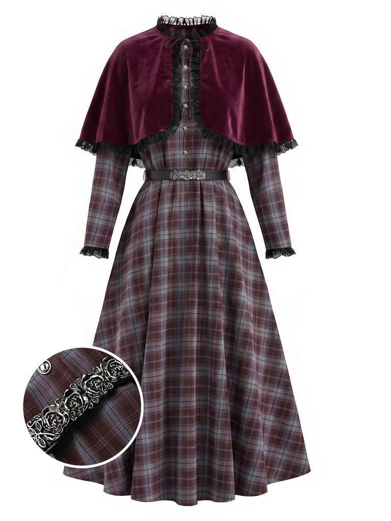 [Prevendita] Abito Grigio Chiaro Anni '40 a Quadri con Bordo Cintura e Mantella Rossa 3