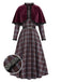 [Prevendita] Abito Grigio Chiaro Anni '40 a Quadri con Bordo Cintura e Mantella Rossa 3