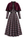 [Prevendita] Abito Grigio Chiaro Anni '40 a Quadri con Bordo Cintura e Mantella Rossa 2