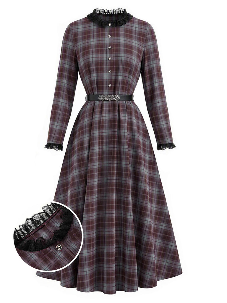 [Prevendita] Abito Grigio Chiaro Anni '40 a Quadri con Bordo Cintura e Mantella Rossa 6