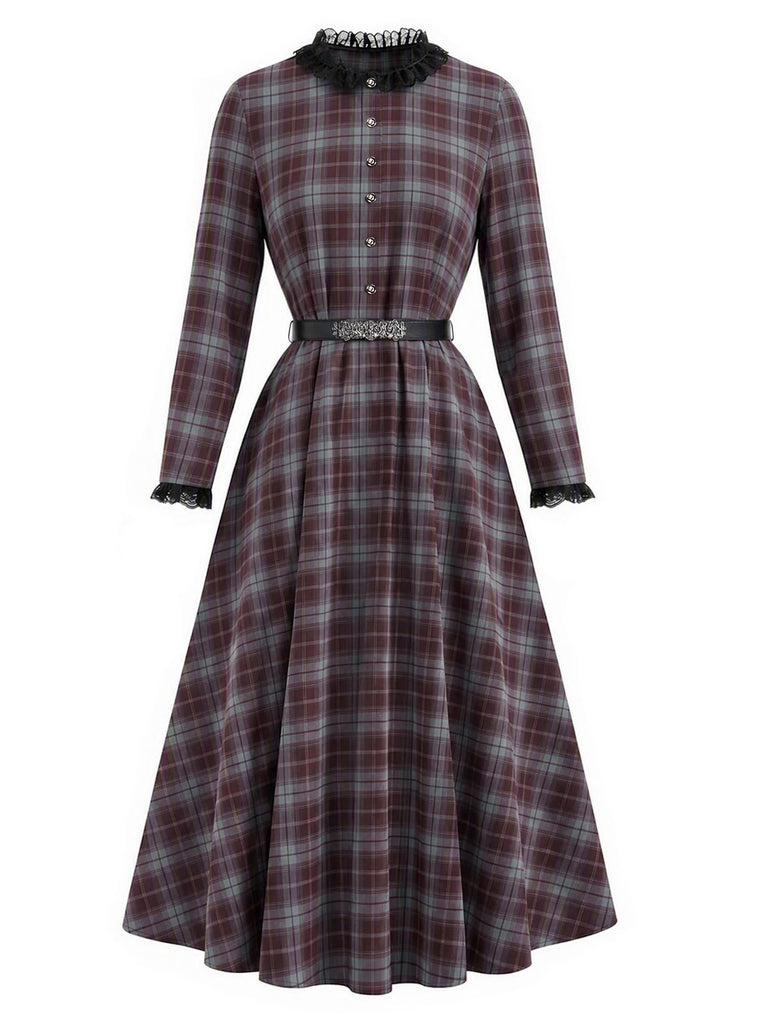 [Prevendita] Abito Grigio Chiaro Anni '40 a Quadri con Bordo Cintura e Mantella Rossa 7