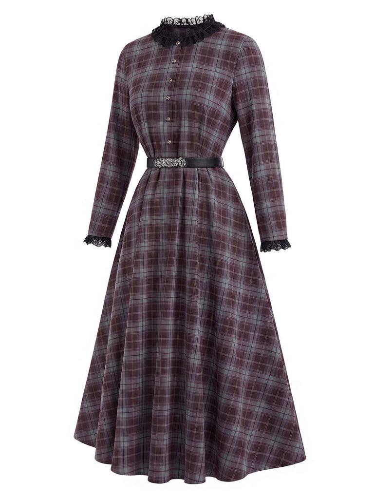 [Prevendita] Abito Grigio Chiaro Anni '40 a Quadri con Bordo Cintura e Mantella Rossa 8