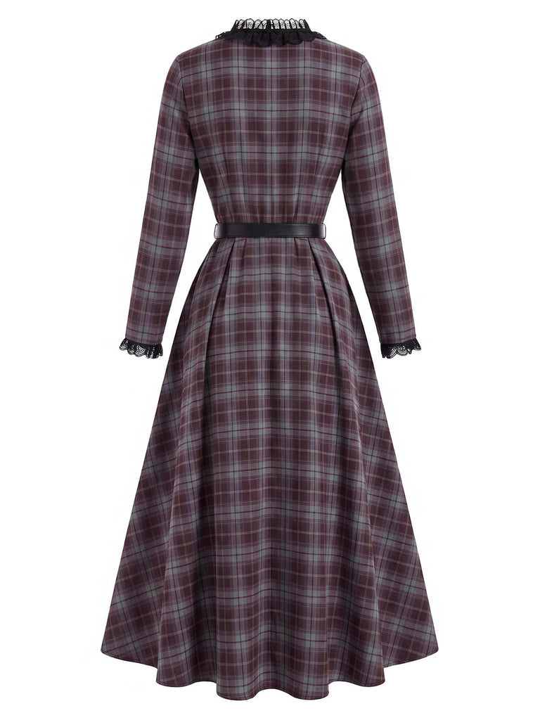 [Prevendita] Abito Grigio Chiaro Anni '40 a Quadri con Bordo Cintura e Mantella Rossa 9