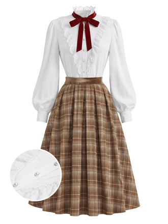 [Prevendita] 2PCS Camicetta Bianca Anni '40 in Pizzo con Colletto Volant e Gonna Marrone a Quadri Plissettata 2
