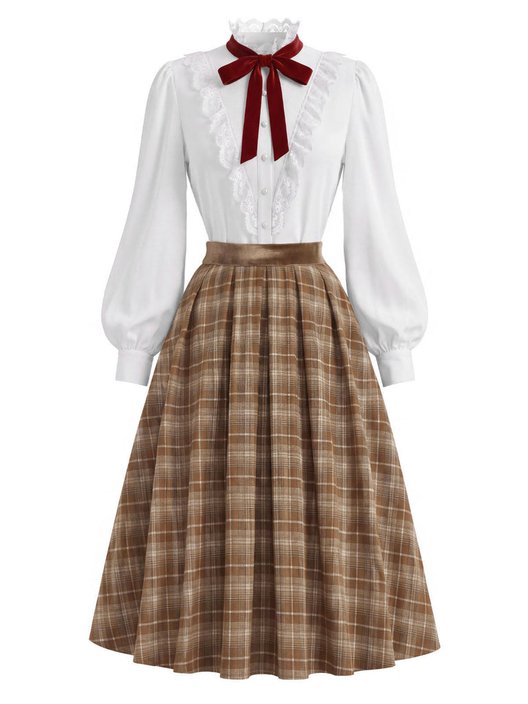 [Prevendita] 2PCS Camicetta Bianca Anni '40 in Pizzo con Colletto Volant e Gonna Marrone a Quadri Plissettata 3